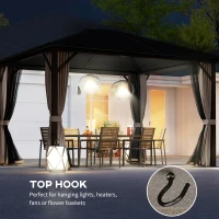 Outsunny 10' x 12' Hardtop Gazebo with Curtains and Netting, Gazebo Canopy with Aluminum Frame and Hooks, Coffee(m-7)