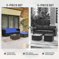 Outsunny 3 Pieces Patio Furniture Set with Cushions, Outdoor PE Rattan Wicker Conversation Corner Sofa Set with Glass Top Table and Adjustable Foot for Garden, Lawn, Blue(m-7)