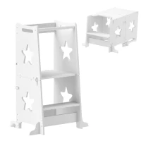 Qaba 2 in 1 Toddler Tower with Safety Rail for Bathroom, Sink, Kitchen or Counter, White(m-11)