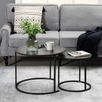 HOMCOM Round Nesting Coffee Table Set of 2, Stacking Modern Accent Tables with Faux Marble Tabletop and Metal Frame for Living Room, Black(m-8)