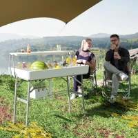 Outsunny 3.5ft Folding Ice Cooler Table with Drain, 2-Tier Outdoor Patio Party Cooler, Fishing Cleaning Table with Storage Shelf for Picnic BBQ Camping Wedding, White(m-1)