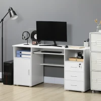HOMCOM Computer Desk with Keyboard Tray and Drawers, Writing Desk, Home Office Workstation, White(m-1)
