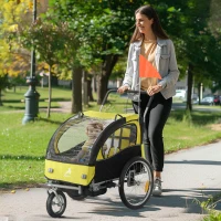 Aosom 2-in-1 Bike Trailer for Kids, Foldable 2-Seat Baby Stroller with 5-Point Harness, Rubber Wheels, Storage Bag, Yellow(m-8)