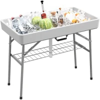 Outsunny 3.4ft Folding Ice Cooler Table with Drain, Outdoor Patio Party Cooler for Drinks, Fishing Cleaning Table with Storage Shelf for Picnic BBQ Camping Wedding, White(m-11)