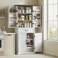 HOMCOM 71" LED Kitchen Pantry Cabinet, Farmhouse Storage Cabinet with Door Shelves, Distressed White(m-1)
