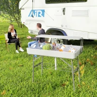 Outsunny 3.5ft Folding Ice Cooler Table with Drain, 2-Tier Outdoor Patio Party Cooler, Fishing Cleaning Table with Storage Shelf for Picnic BBQ Camping Wedding, White(m-8)