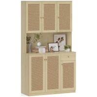 HOMCOM Kitchen Hutch with Microwave Countertop, 71" Boho Kitchen Pantry Cabinet with Decorative Rattan Doors, Natural(m-11)
