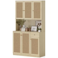 HOMCOM Kitchen Hutch with Microwave Countertop, 71" Boho Kitchen Pantry Cabinet with Decorative Rattan Doors, Natural(m-2)