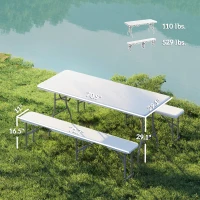Outsunny 6FT 3 PCS Portable Camping Table and Chairs, Folding Picnic Table Bench Set with Carrying Handles for BBQ, Party, White(m-3)
