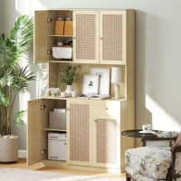 HOMCOM Kitchen Hutch with Microwave Countertop, 71" Boho Kitchen Pantry Cabinet with Decorative Rattan Doors, Natural(m-1)