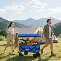 Outsunny Steel Frame Folding Garden Cart, Collapsible Wagon Cart with Removable Canopy, Telescopic Handle and Carrying Bag, Dark Blue(m-1)