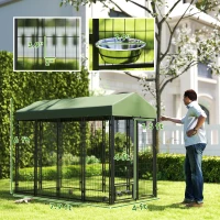 PawHut 8' x 4' x 6' Outdoor Dog Kennel, Welded Wire Heavy Duty Dog Run with 360° Rotating Bowls, Dog Kennel Outside with Waterproof & UV Resistant Cover, for S&M&L Dogs(m-3)