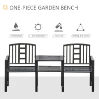Outsunny Steel Garden Bench w/ Middle Table, Umbrella Hole, Double Seat for Outdoor, Patio, Backyard  Weather-Resistant Frame, Black(m-6)