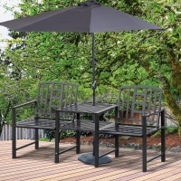 Outsunny Steel Garden Bench w/ Middle Table, Umbrella Hole, Double Seat for Outdoor, Patio, Backyard  Weather-Resistant Frame, Black