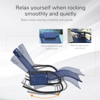 Outsunny Patio Rocking Chair with Mesh Fabric, Outdoor Rocking Sling Sun Lounger with Removable Headrest and Side Pocket for Garden, Deck, Lawn, Blue(m-5)