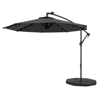 Outsunny 9.5' Offset Patio Umbrella Garden Parasol with Solar LED Lights and Weights, Dark Grey(m-2)