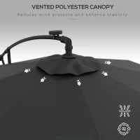 Outsunny 9.5' Offset Patio Umbrella Garden Parasol with Solar LED Lights and Weights, Dark Grey(m-5)