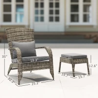 Outsunny Wicker Adirondack Chair Fire Pit Chair w/ Ottoman & Cushions, Gray(m-3)