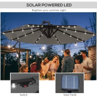 Outsunny 9.5' Offset Patio Umbrella Garden Parasol with Solar LED Lights and Weights, Dark Grey(m-4)