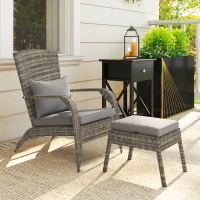 Outsunny Wicker Adirondack Chair Fire Pit Chair w/ Ottoman & Cushions, Gray(m-9)