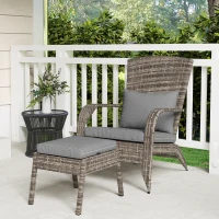 Outsunny Wicker Adirondack Chair Fire Pit Chair w/ Ottoman & Cushions, Gray(m-7)