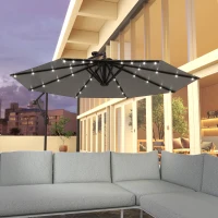 Outsunny 9.5' Offset Patio Umbrella Garden Parasol with Solar LED Lights and Weights, Dark Grey(m-1)