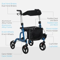 HOMCOM Rollator Walker for Seniors and Adults with 8'' Wheels, Padded Seat and Backrest,  Storage Bag Blue(m-5)