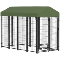 PawHut 8' x 4' x 6' Outdoor Dog Kennel, Welded Wire Heavy Duty Dog Run with 360° Rotating Bowls, Dog Kennel Outside with Waterproof & UV Resistant Cover, for S&M&L Dogs(m-1)