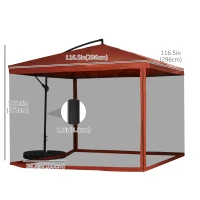 Outsunny Offset Patio Umbrella with Net and Umbrella Base, Adjustable Cantilever Canopy with Cross Base, Weight Plates and 8 Ribs for Backyard, Poolside, Garden, Wine Red(m-3)