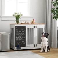 PawHut 39" Dog Crate Furniture Side Table for Large Dogs with Three Doors, Blackboard & Non-Slip Foot Pads, White(m-10)