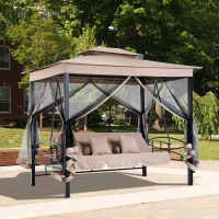 Outsunny 3 Person Outdoor Patio Daybed 3 in 1 Canopy Gazebo Swing Chair Garden Hammock with Mesh Mosquito Net and Sun Shade, Beige(m-9)