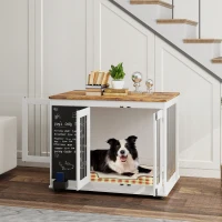 PawHut 39" Dog Crate Furniture Side End Table for Large Dogs w/ Blackboard, Three Doors, White(m-1)
