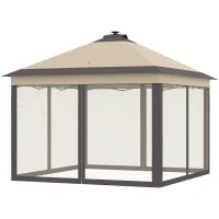 Outsunny 11' x 11' Pop Up Canopy, Instant Canopy Tent with Solar LED Lights, Remote Control, Zippered Mesh Sidewalls and Carrying Bag for Backyard Garden Patio, Beige(m-11)
