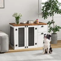 PawHut 44" Dog Crate Furniture with Double Doors, Storage Drawer, for Medium Dogs, White(m-8)