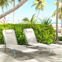 Outsunny 2 Piece Sun Loungers, Folding Chaise Lounge Chairs with Reclining Back, Breathable Mesh Seat, Headrest, Cream White(m-7)