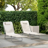 Outsunny Set of 2 Folding Chaise Lounge Chairs, Outdoor Poolside Sun Tanning Chairs w/ Pillow, Reclining Backrest, Cream White(m-10)