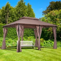 Outsunny 10' x 13' Patio Gazebo, Outdoor 2-Tiers Garden Canopy Yard Sunshade Shelter with Curtains, Khaki(m-8)