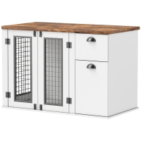 PawHut 44" Furniture Dog Crate with Double Door, Storage & Drawer for Medium Sized Dogs, White