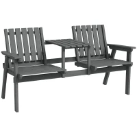 Outsunny Garden Bench for 2 Persons with Middle Table and Umbrella Hole, 2-Seater Outdoor Wooden Bench with Slat Design, Grey(m-11)