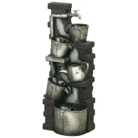 Outsunny 5-Tiered Faucet & Barrel Outdoor Water Fountain with LED Lights, Adjustable Flow, 39.4-inch Resin Waterfall Fountain(m-11)