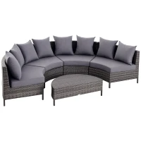 Outsunny 5PC Patio Furniture Set Outdoor Garden Rattan Wicker Sofa Cushioned Half-Moon Seat Deck with Pillow, Table, Grey(m-2)