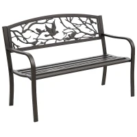Outsunny 50" Garden Bench Outdoor Loveseat with Vintage Bird Pattern Cast Metal - Brown(m-2)