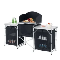 Outsunny Folding Camping Kitchen Table with Carrying Bag, Windscreen and 3 Enclosed Cupboards, Aluminum Cook Station, Black(m-11)