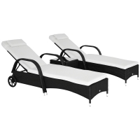 Outsunny Wicker Outdoor Chaise Lounge Chair Set of 3 with Side Table, 5-Level Adjustable Backrest PE Rattan Pool Lounge Chair with Wheels, Cushion & Headrest, Black and Cream White