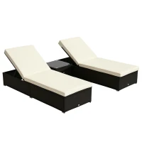 Outsunny Chaise Lounge Chair Set of 2 with 5 Angle Backrest, Outdoor Coffee Table, Water Repellent Cushions, PE Rattan Wicker Poolside Chairs, 3-Piece Pool Furniture Set, Dark Brown/Cream White(m-1)