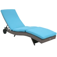 Outsunny Outdoor Adjustable Wicker Chaise Lounge Chair with Cushion & Wheels for Patio, Deck, Poolside, Sky Blue(m-2)