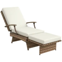 Outsunny Outdoor Wicker Foldable Recliner Chair with Retractable Footrest, Cushion, White(m-11)