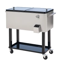 Outsunny 80 QT Rolling Cooling Bins Ice Chest on Wheels Outdoor Stand Up Drink Cooler Cart for Party, Silver(m-1)