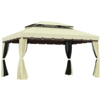 Outsunny 10'x13' Soft-top Aluminum Gazebo Deck Canopy Double Tier Garden Shelter with Netting and Curtains, Cream White(m-2)