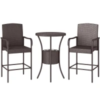 Outsunny 3 Pieces Patio Bar Set, Rattan Bistro Table and Chairs, Outdoor Conversation Furniture Set with Ice Bucket, Dark Brown(m-2)